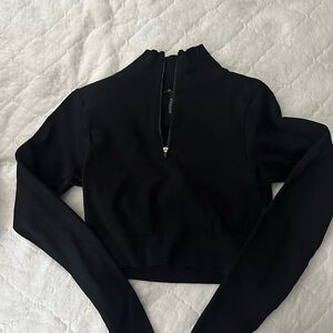 Black Ribbed Zip-Up Women's Top
